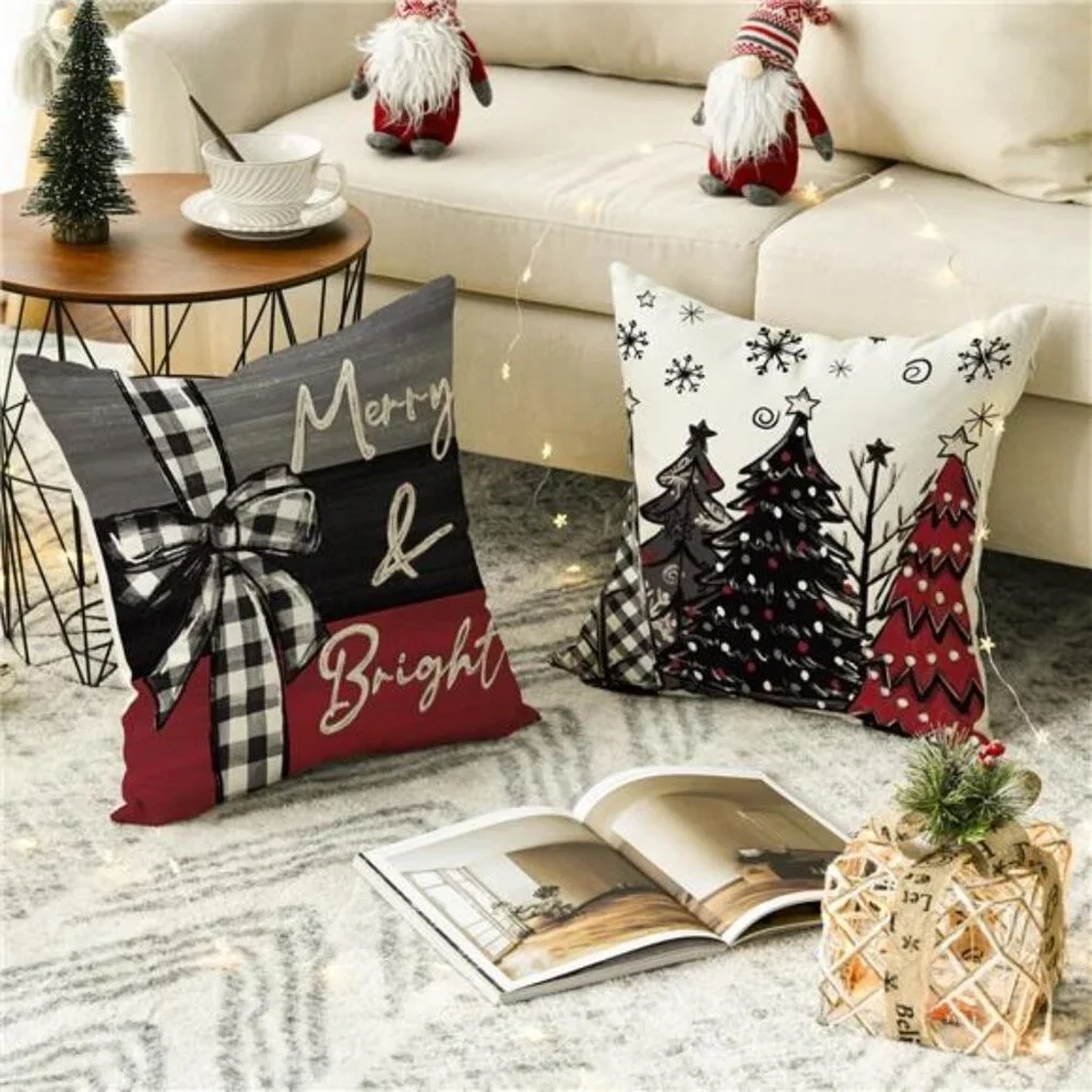 Merry Christmas Joy Xmas Trees Red Throw Pillow Covers, 18 x 18 Inch Christmas